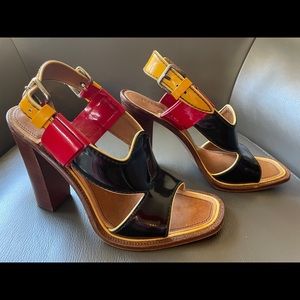 Prada, leather sandals color block black yellow red. Sz 37 (US7)
